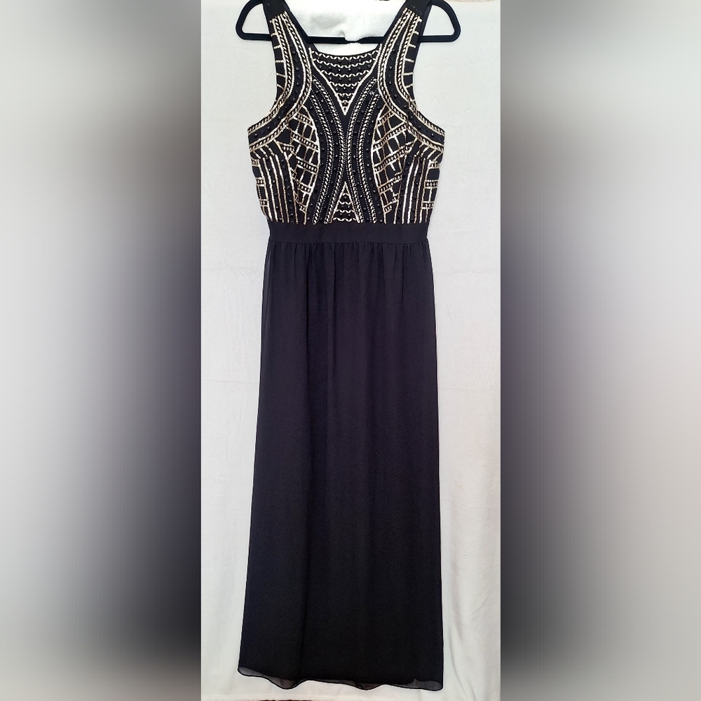 Gianni Bini Art Deco Beaded Maxi Dress Black Gold Sequin Formal Gown Size 10 EUC